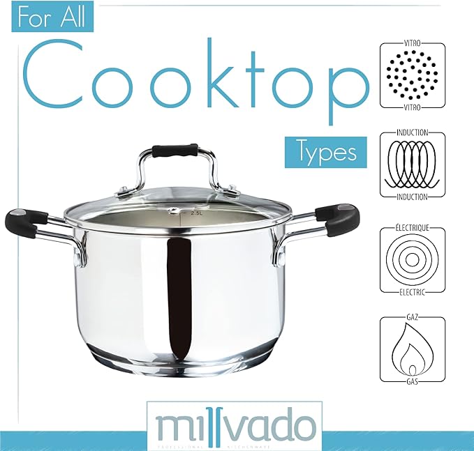 Stock Pot, 3 Quart Stainless Steel Pot, StockPot With Clear Glass Lid, Steam Hole, Permanent Measurement Markings, Gas, Electric and Induction Compatible Boiling Pot