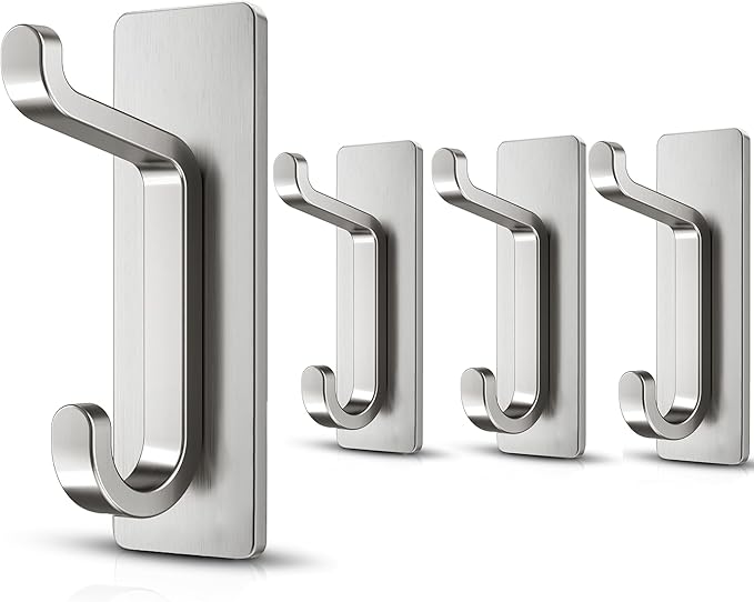 Self Adhesive Wall Hooks for Hanging: Extra Strong 13 LB, Hook for Coat, Towel in Bathrooms, Shower, Kitchen, Wall, Door Hook, Nickel Silver 4 Pack