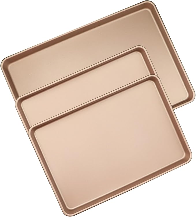 3-Pack Nonstick Carbon Steel Baking Sheet Set | Heavy Duty 0.8mm Cookie Sheets - Large 17.8"x12" & 2 Medium 15.7"x10.8" Commercial Gold Pans for Oven, Roasting & Toaster