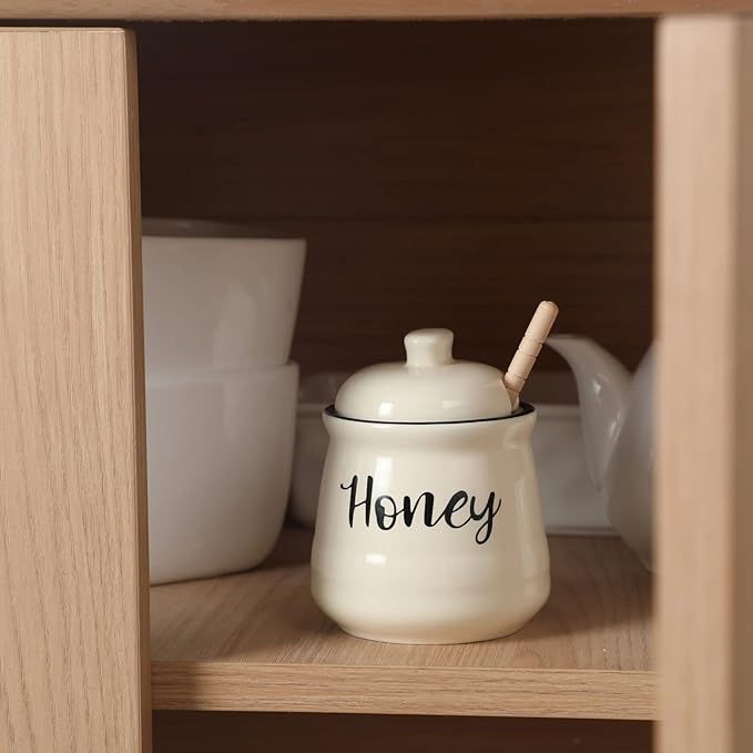 HAOTOP Farmhouse Porcelain Honey Jar with Dipper and Lid Set 12oz,Easy to Clean (Beige)