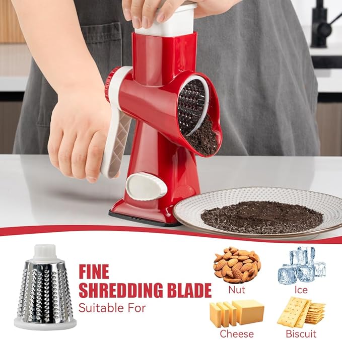 KEOUKE Rotary Cheese Grater Hand Crank Red - Shredder Slicer Grinder 3 Stainless Steel Blades, Stable Suction, Labor-Saving Handle, Safe Kitchen Tool for Cheese, Vegetable, Nuts, Chocolate