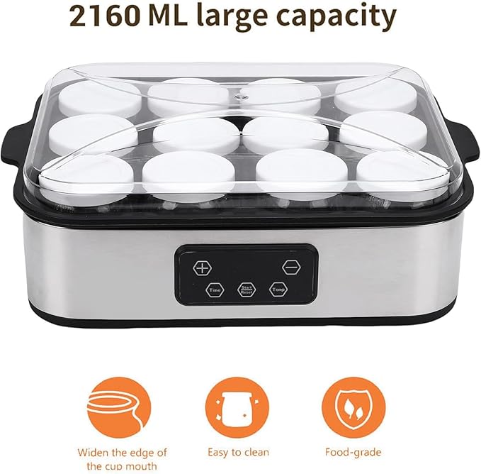Automatic Yogurt Maker, Digital Yogurt Maker Machine with 12 Jars 2160ml Adjustable Temperature 48H Time Control for Fresh Homemade Yogurt Dessert, Led Display Multi-Function Electric Yogurt Machine