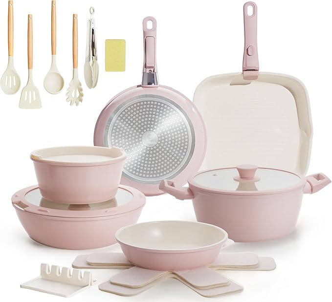 23pcs Ceramic Pots and Pans Set, Nonstick Detachable Handle Cookware, Induction Kitchen Cooking Set with Removable Handle,include Frying Pans & Saucepans Oven Safe(Pink)