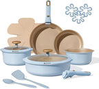 CAROTE 18Pcs Titanium Reinforced Nonstick Pots and Pans Set, Nonstick Cookware Set with Detachable Handle, Induction Kitchen Cookware Sets Removable Handles, Dishwasher Safe, Oven Safe, Blue