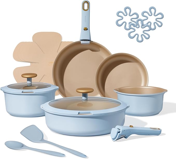 CAROTE 18Pcs Titanium Reinforced Nonstick Pots and Pans Set, Nonstick Cookware Set with Detachable Handle, Induction Kitchen Cookware Sets Removable Handles, Dishwasher Safe, Oven Safe, Blue