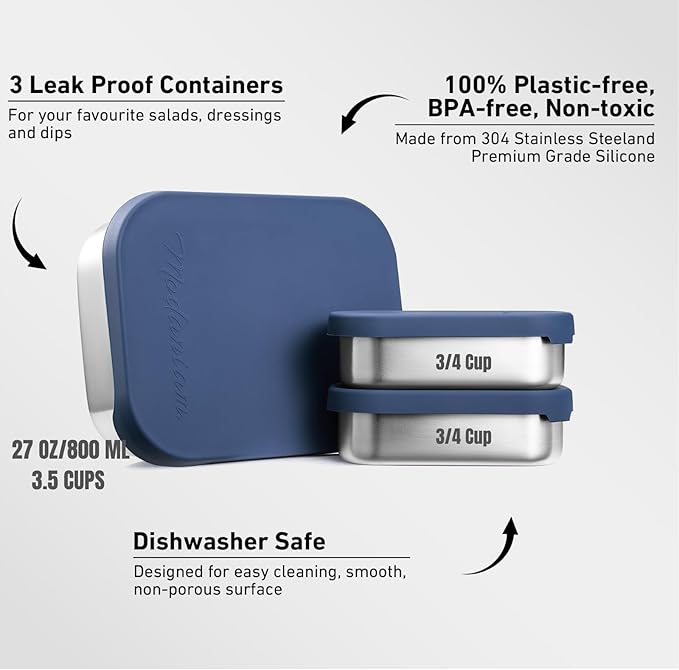 Flexibento - Leak proof Stainless Steel Lunch Box | Lunch Containers with Lids | Steel Bento Box | Meal prep| Snack Containers |Metal lunch Box (Midnight -3PC set (1 * 27 oz + 2 * 6.5oz))