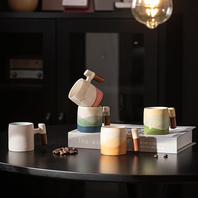 2-Oz Ceramic Espresso Cups with Wood Handle, 2/4-Piece Set for Coffee, Tea, Latte - Dishwasher Safe, Multi-Color & Wood Styles, Gift & Café Use (Kiln turning yellow, Wooden Handle2)