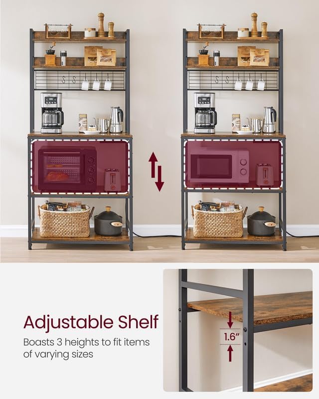 VASAGLE Hutch Bakers Rack with Power Outlet, 14 Hooks Microwave Stand, Adjustable Coffee Bar with Metal Wire Panel, Kitchen Storage Shelf, 15.7 x 31.5 x 66.9 Inches, Rustic Brown and Black UKKS025B01