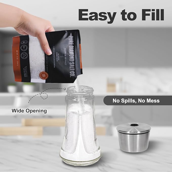 Adjustable Salt Pepper Shakers Glass - 4 OZ Spice Dispenser with Stainless Steel Lid for Kitchen, Cooking & BBQ Use