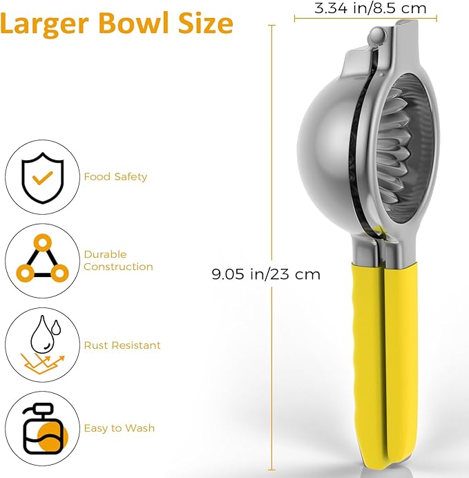 Lemon Squeezer Stainless Steel - Premium Quality, Heavy Duty Solid Metal Squeezer Bowl - Large Manual Citrus Press Juicer and Lime Squeezer (Yellow)