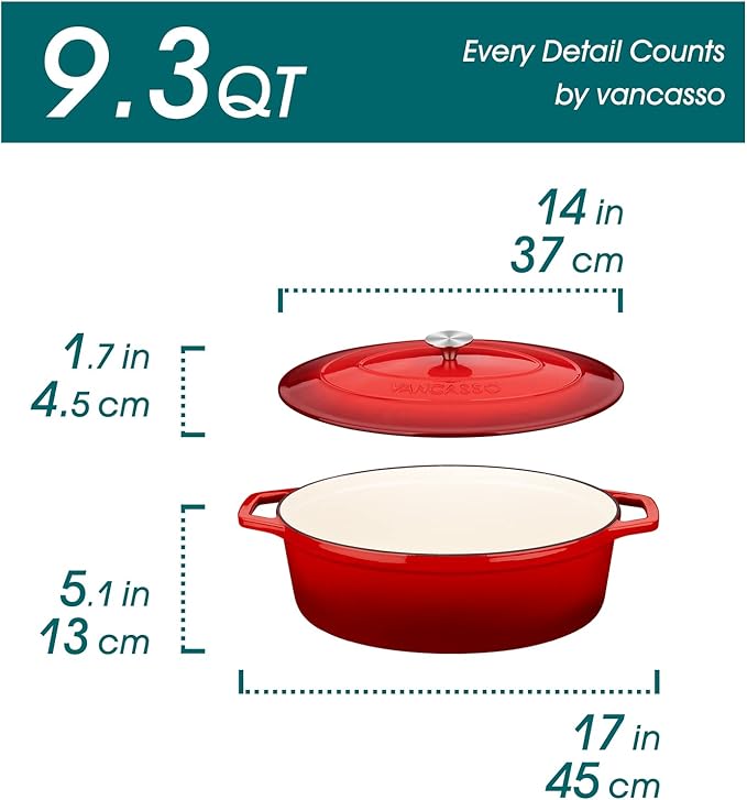 vancasso Enameled Cast Iron Dutch Oven, 9.3 Quart Dutch Oven Pot with Lid, Oval Dutch Oven Cast Iron Pot with Non Stick Enamel Coating for Bread Baking, Red