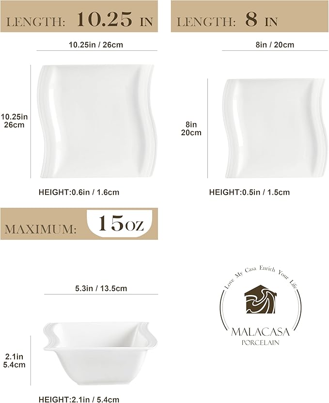 MALACASA Ivory White Dinnerware Set, 12 Pieces - Porcelain Dinner Plates, Dessert Plates and Bowls, Square Flora Pattern