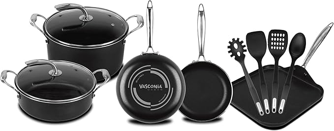 Vasconia 11-Piece Aluminum Cookware Set - Nonstick Pots and Pans with Lids - Dishwasher, Oven Safe up to 475°F - Skillets, Griddle, Casserole, Dutch Oven - Black