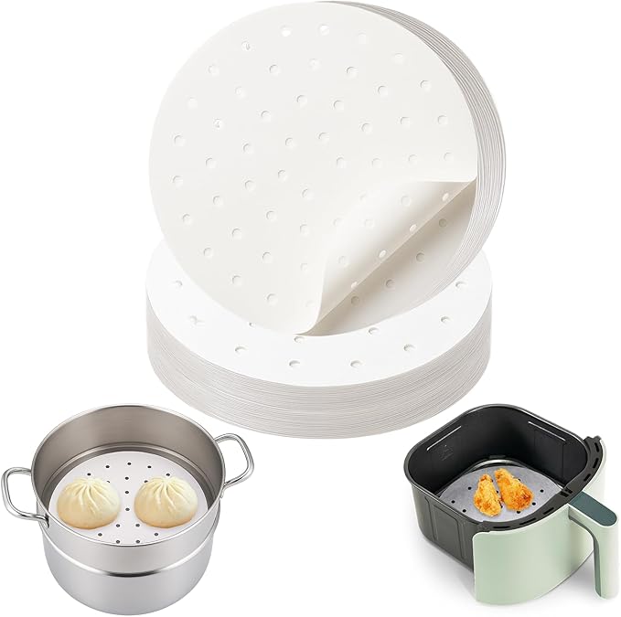 300 PCS Non-Stick Bamboo Steamer Paper, 10" Round Liners with Holes for Steamer Basket, Air Fryer, Bamboo Steamers, and Oven Use