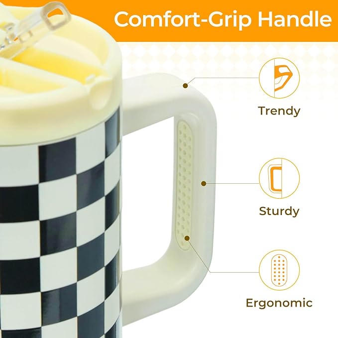 ProTour 100% Leakproof 40 oz Tumbler with Handle & 4-in-1 SipSwig Lid | Built-In Flip Straw & External Stainless Steel Straw | Insulated Stainless Steel Cup | BPA-Free | Black & White Checkered