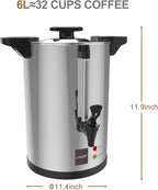 Valgus Commercial Coffee Urn 32-Cup 6L Stainless Steel Large Coffee Maker with Percolator Electric Hot Water Dispenser for Party, Office, Wedding