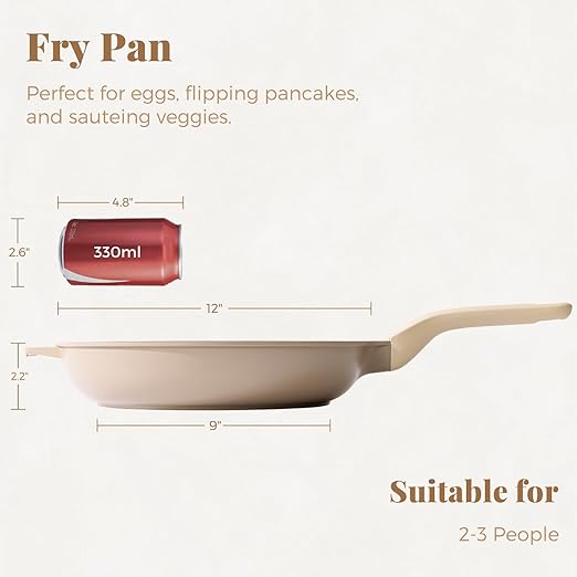 Nonstick Frying Pan, 8/10/12 Inch Skillet with Stay Cool Handle, Stain/Scratch/Crack Proof, Induction Compatible & Oven Safe, Dishwasher Safe, PTFE & PFOA Free (12-Inch, Natural Linen)
