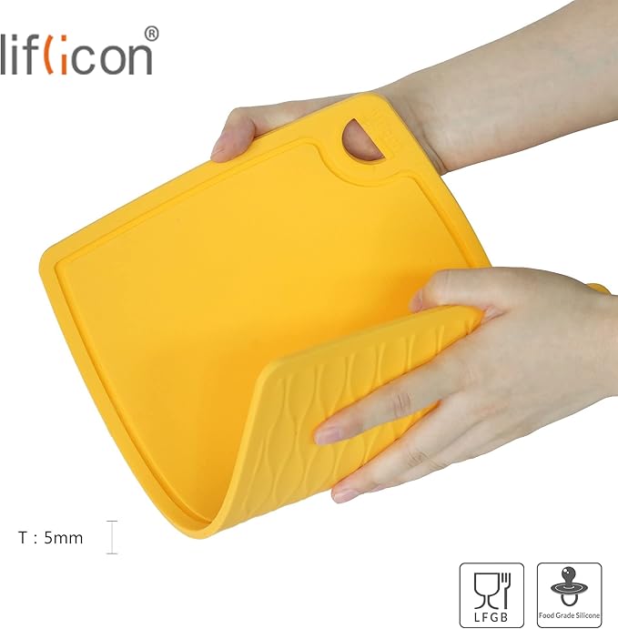 Extra Large Thick Silicone Cutting Boards for Kitchen 14.6'' x 10.43'' Flexible Cutting Chopping Boards/Mats Non-slip Deep Drip Juice Groove, Dishwasher Safe-Yellow