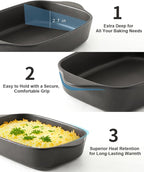 Casserole Dishes for Oven, Stoneware Baking Dishes Set of 3, Ceramic Baking Pan, Deep Rectangular Lasagna Pan, Farmhouse Bakeware Sets for Christmas Gift, (14.9"/12"/8.8"), Matte Black