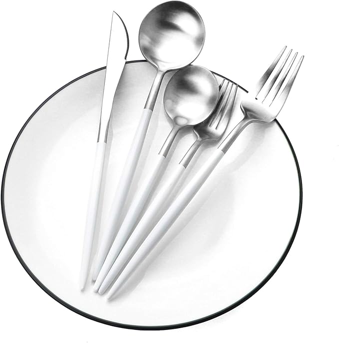 Gugrida White Silver Flatware, Royal 20-Piece Matte White Handle 18/10 Stainless Steel Tableware Sets for 4 Including Forks Spoons Knives, Camping Silverware Travel Utensils Set Cutlery (White Silver)
