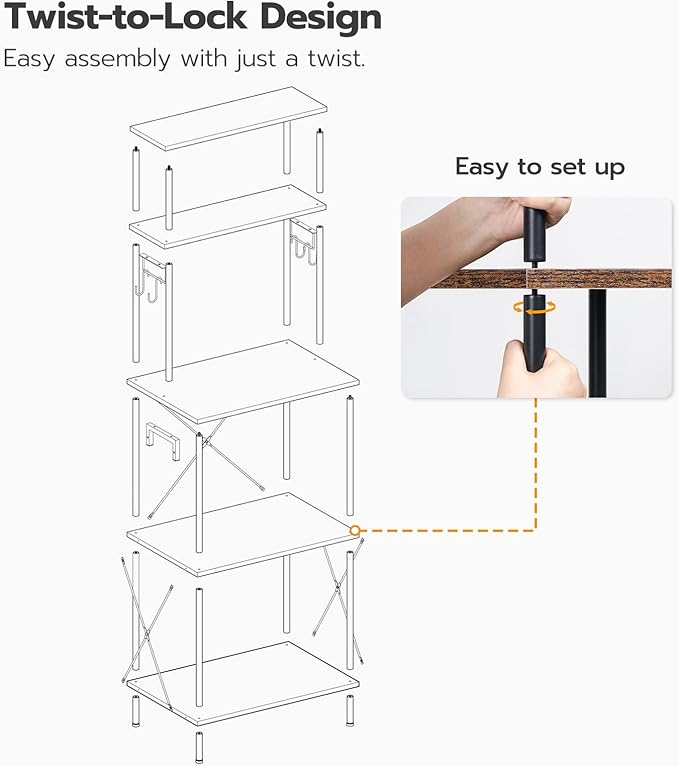 HOOBRO Kitchen Bakers Rack with Power Outlets, 5-Tier Microwave Stand, Coffee Bar with S-Shaped Hooks, Kitchen Storage Shelf Rack for Living Room, Dining Room, Rustic Brown and Black BF80UHB01