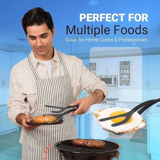 Silicone Egg Flipper Spatula Tongs (Set of 1) – Non-Stick 2-in-1 Grip & Flip Kitchen Tongs for Pancakes, Fish, Eggs, and More – Heat Resistant Cooking Tool (Black) (Black)