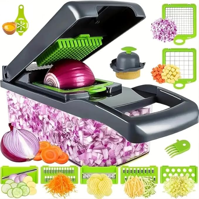 Multifunctional Vegetable Chopper, Slicer, Dicer, Cutter 14 PCs, with Container for Onion, Carrot, Potato, Salad, Garlic, ABS Design, Stainless Steel Blades.