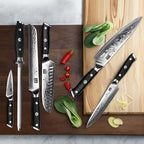 SHAN ZU Damascus Kitchen Knife Set, 7-Piece Professional Knife Sets for Chefs, Japanese Super Steel Damascus Kitchen Knife Set With G10 Handle Knife Block Set