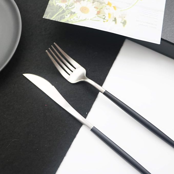 JASHII 18/10 Black Handle Flatware Silver Silverware Set 304 Stainless Steel Flatware Cutlery Set| 6-Piece Adaline Royal Modern Satin Finish| BEST Birthday Wedding Gift (Black Handle Matte Silver)