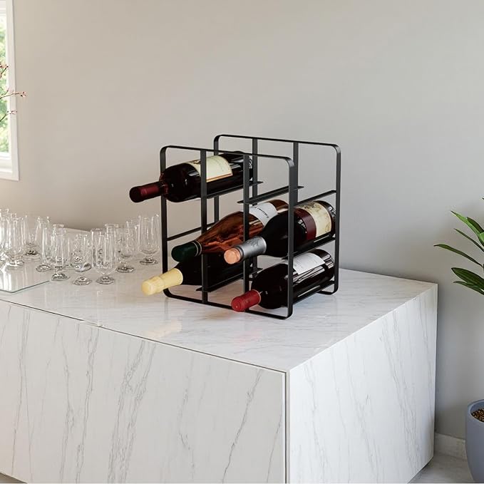 Buruis 9-Bottle Metal Wine Rack, Freestanding Holder Organizer for Red and White Wine, Kitchen Countertop, Pantry, No Assembly Required, Black