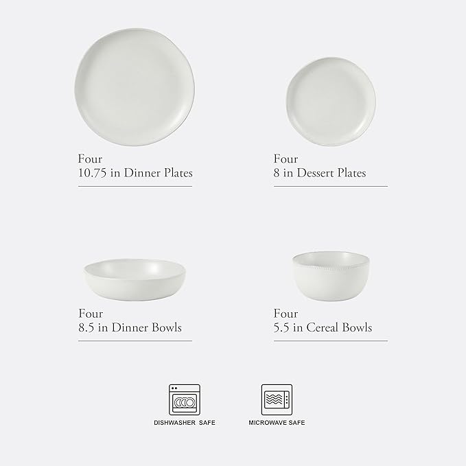 Gibson Elite Menlo Park 16-Piece Pottery Clay Stoneware Dinnerware Set – White Reactive Glaze, Embossed Plates and Bowls W/Pasta Bowl, Service for 4 – Microwave & Dishwasher Safe