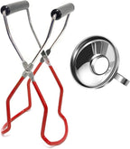 2 Pieces Stainless Steel Canning Jar Lifter Tongs and Canning Funnel with Safe and Secure Grip for Wide Mouth and Regular Jars, Easy to Clean and Dishwasher Safe (Red)