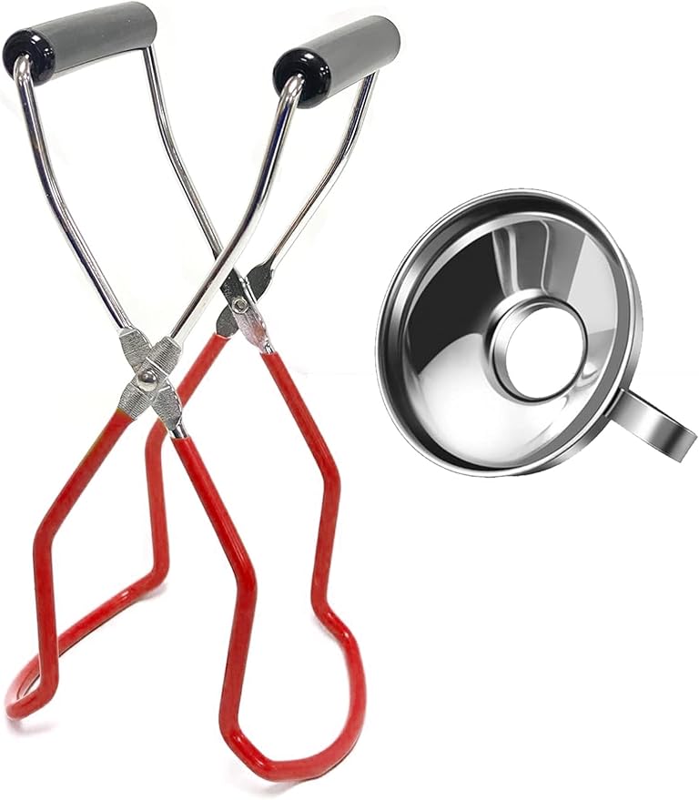 2 Pieces Stainless Steel Canning Jar Lifter Tongs and Canning Funnel with Safe and Secure Grip for Wide Mouth and Regular Jars, Easy to Clean and Dishwasher Safe (Red)