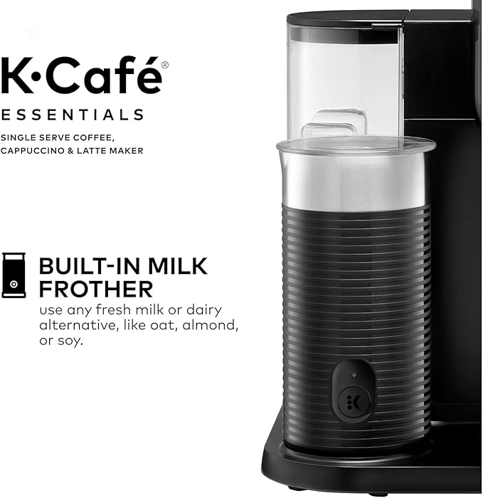 Keeurig K-Café Single Serve Coffee Maker, Built-In Milk Frother, Latte & Cappuccino Brewer, Espresso Shot, 3 Brew Sizes, 42 oz Water Reservoir, Travel Mug Friendly, Compact Design (Black 42oz)