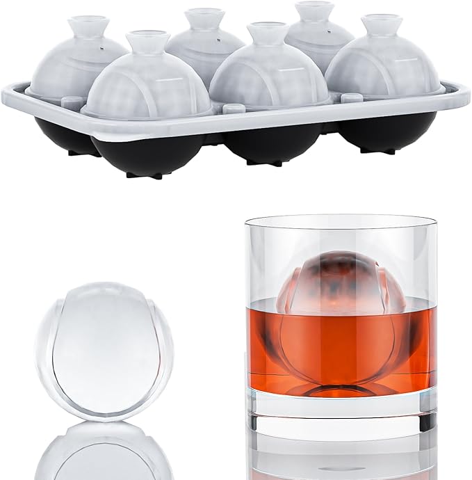 6 Chamber 2.2" 3D Tennis Gifts Ice Cube Tray With Funnel,Large Round Ice Ball Maker Mold Silicone Fun Shapes Bourbon Sphere Ice Molds,For Chilling Whiskey,Cocktails,Bourbon,Brandy and Beverages