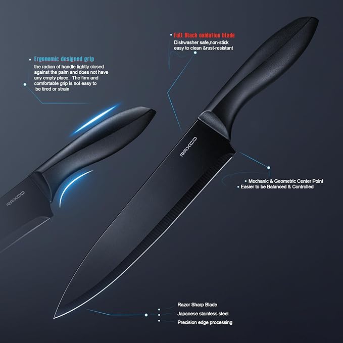 RAXCO Kitchen Utensils Set,18-Piece Cooking Tools and Sharp Knives,Stainless Steel Holder and Cutting Board