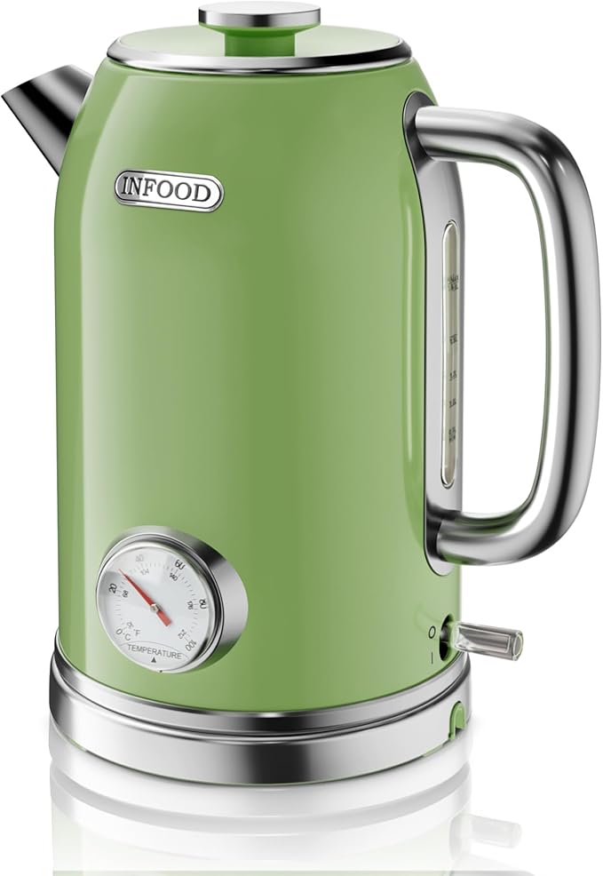 Retro Electric Kettle, 1.8L Hot Water Kettle Electric with Thermometer, 1200W Fast Heating Stainless Steel Tea Kettle for Boiling Water, Cordless, LED Indicator, Auto Shut-Off, Green