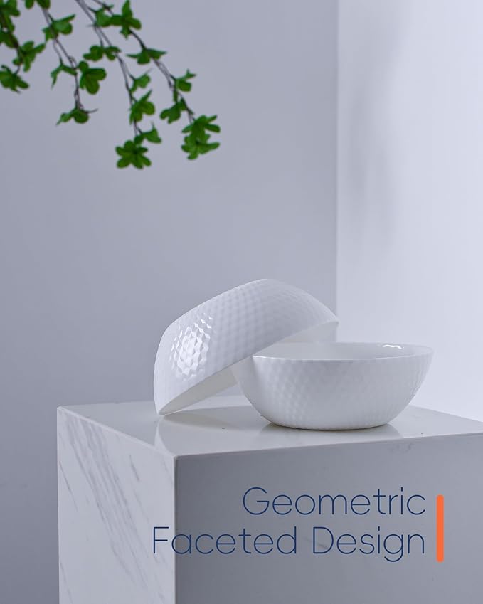 27 OZ Max Cereal Soup Bowl Set of 6, Thin Light & Durable Opal Glass 7.2 inch White Geometric Faceted Bowls for Ramen, Noodle, Salad, Fruit, Dishwasher and Microwave Safe