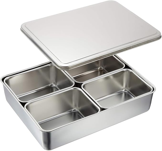 TIKUSAN Stainless Steel Seasoning Container Yakumi Pan Spice Storage Box Tray with Lid Medium Size Made in Japan (4 Containers (Square))