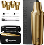 Hybrid Cocktail Shaker Set with Stackable Cups | Vacuum Insulated Stainless Steel Martini Shaker & Bartender Tools | Travel-Ready Kit | 30oz | Gold