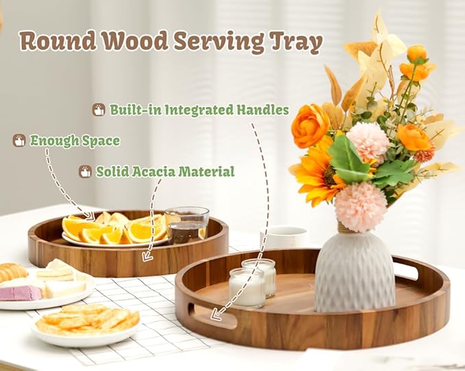 Large Round Wood Serving Tray, Wooden Trays with Handles for Ottoman Table, Vintage Acacia Tray Circle Wood Tray for Indoor Outdoor Organization and Decoration, Including 4 Round Wooden Coasters
