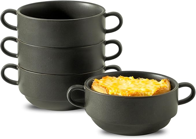 Soup Bowls, 22 oz French Onion Soup Bowls with Handles, Stackable Ceramic Bowls Set of 4, Dinner Bowls for Chili, Beef Stew, Soup, Cereal, Oven Microwave Dishwasher Safe, Matte Black
