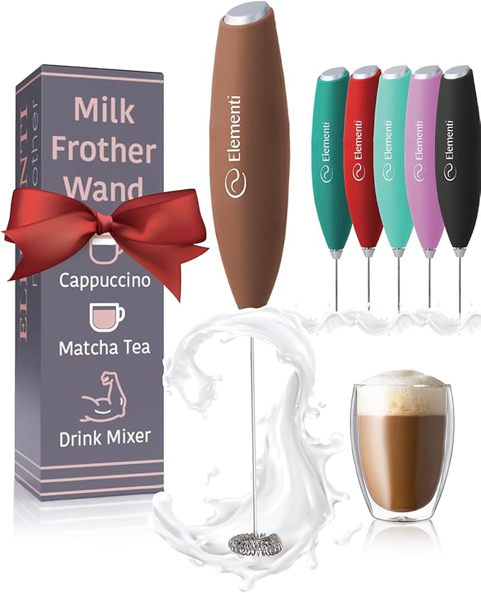 Elementi Milk Frother Handheld - Electric Stirrer and Powerful Protein Powder Mixer Wand, Easy-to-Use Mini Mixer Wand for Quick Delicious Cocktails, Coffee Frother Handheld and Coffee Stirrers (Mocha)