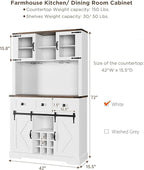 72" Farmhouse Bar Cabinet with Sliding Barn Door, Tall Kitchen Buffet with Storage Hutch and 3 Drawer, Rustic Coffee Wine Bar Sideboard with Wine & Glasses Rack, for Living Room, Pure White