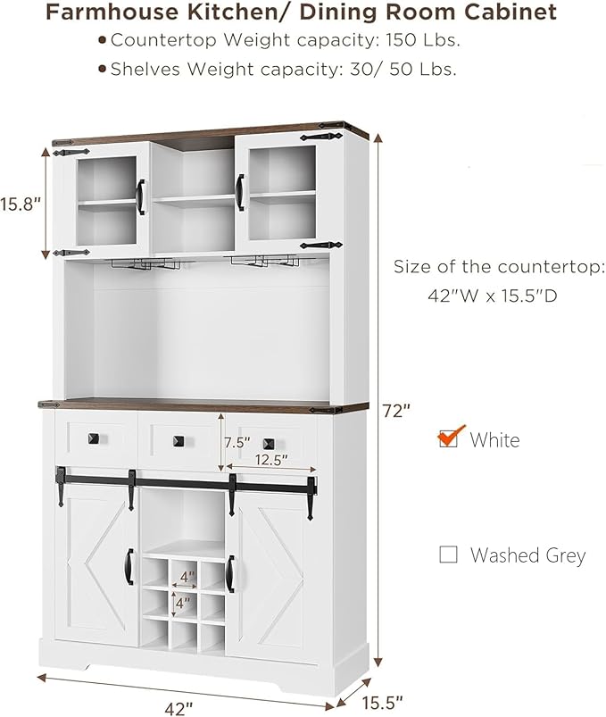 72" Farmhouse Bar Cabinet with Sliding Barn Door, Tall Kitchen Buffet with Storage Hutch and 3 Drawer, Rustic Coffee Wine Bar Sideboard with Wine & Glasses Rack, for Living Room, Pure White