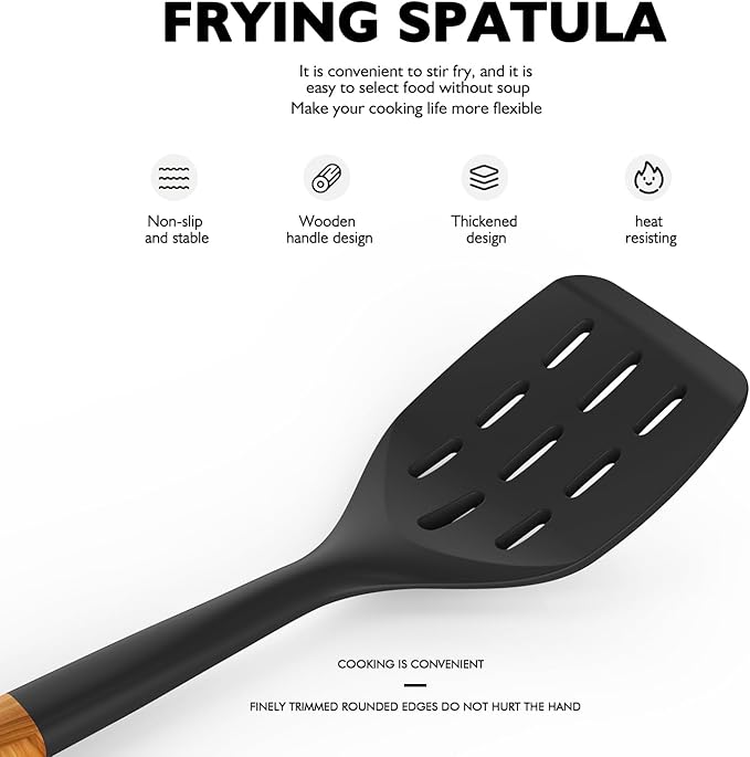 Large Silicone Cooking Utensils Set - Heat Resistant Silicone Kitchen Utensils for Cooking w Wooden Handles, Spatula Set, Kitchen Utensil Gadgets Sets for Non-Stick Cookware, BPA Free (Black)