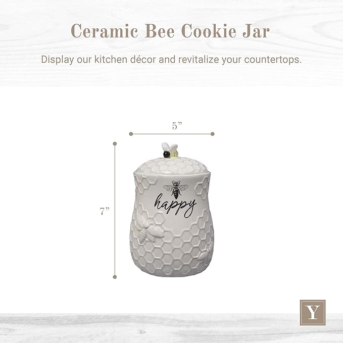 Young's Inc. Ceramic Honey Bee Cookie Jar with Lid and Handle – Honeycomb Design, 5.75" x 5.83" x 7.87", Decorative and Functional Kitchen Storage - Tea Canister