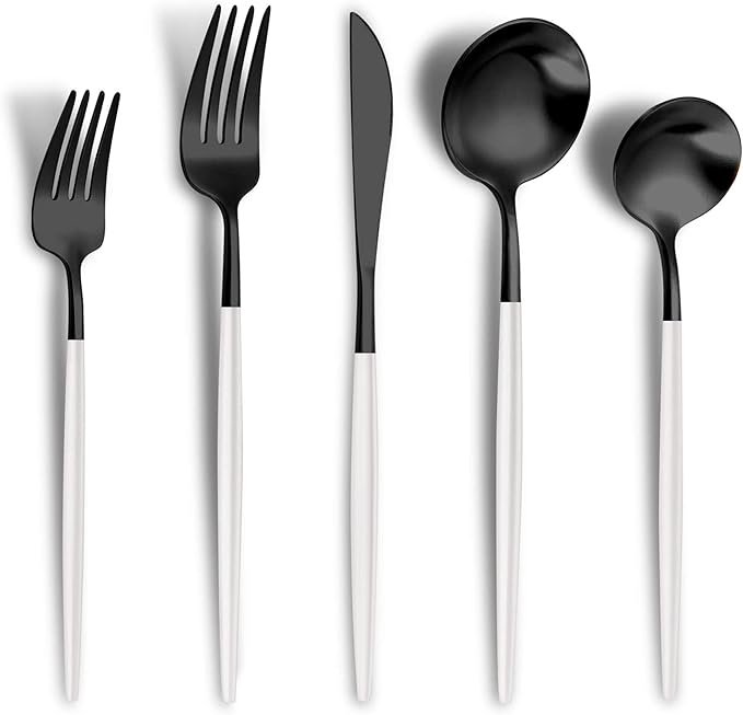 Lemeya Matte Black White Silverware Set for 4,Modern Stainless Steel Brushed Cutlery Set,20-Pieces Heavy Duty Flatware Set,Knives Spoons and Forks Set Utensils Set, Satin Finish, Dishwasher Safe