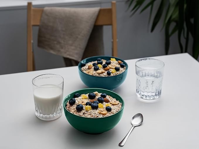 KooK Soup Bowls, Cereal Bowl, Ceramic, Bowls for Kitchen, Microwave, Dishwasher and Freezer Safe, Porcelain Dishes for Pasta, Salad, Oatmeal, Deep Interior, 20 oz, Set of 6, (Hunter Green)