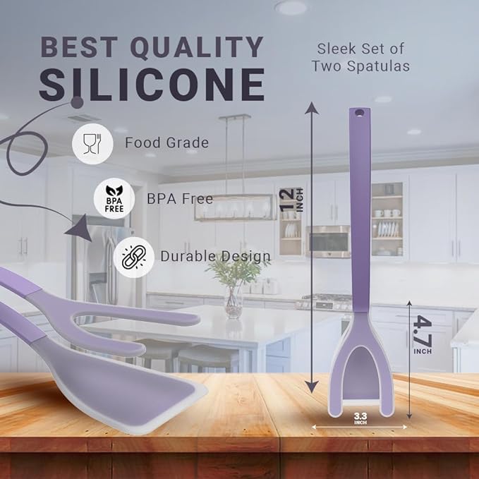 Silicone Egg Flipper Spatula Tongs (Set of 1) – Non-Stick 2-in-1 Grip & Flip Kitchen Tongs for Pancakes, Fish, Eggs, and More – Heat Resistant Cooking Tool (Black) (Purple)